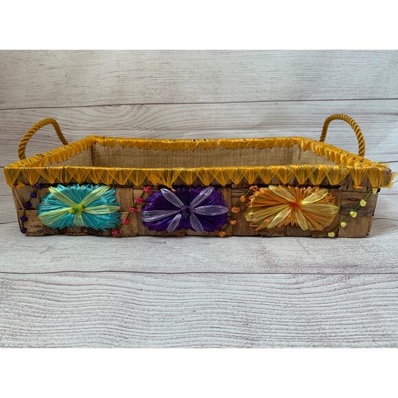 Vintage Woven Light Wood Basket Rope Handles Colorful Flowers Retro - Picture 1 of 12